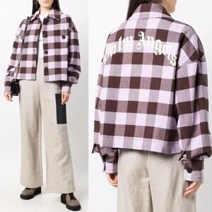 Palm Angels | Purple Brown Buffalo Check Plaid Logo Flannel Shirt Jacket 40 US L